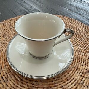 Lenox solitaire Elegant White Teacup and Saucer with Silver Trim